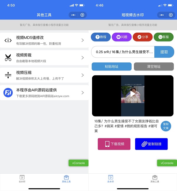抖音快手短视频去水印微信小程序源码 内附自带接口