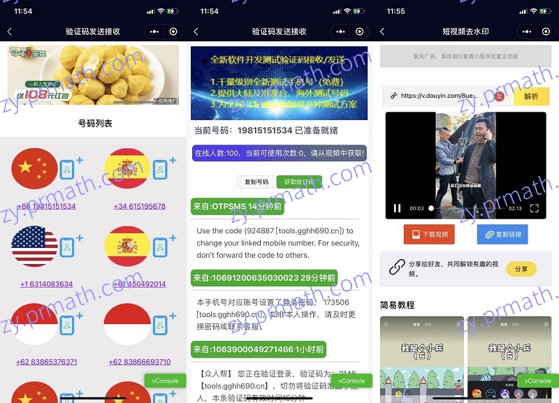 全球手机验证码发放+短视频去水印等组合微信小程序 支持多种流量主
