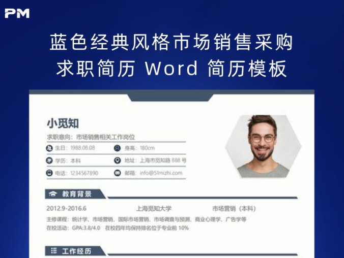 蓝色经典风格市场销售采购求职简历 Word 简历模板