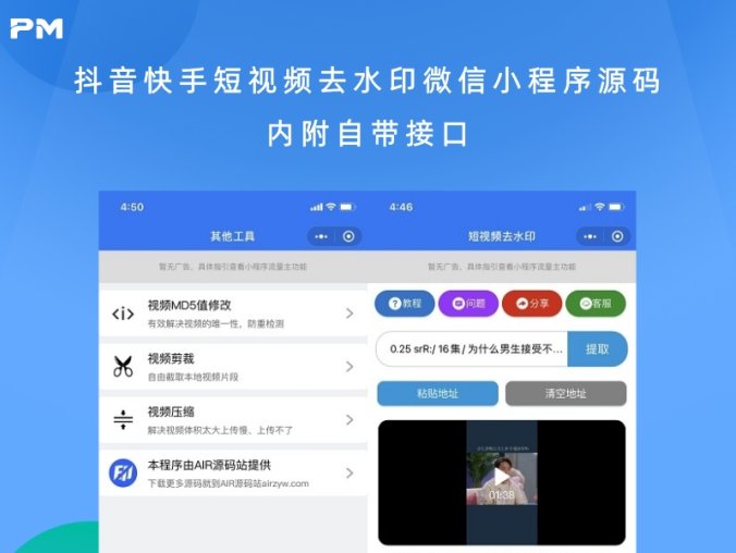 抖音快手短视频去水印微信小程序源码 内附自带接口