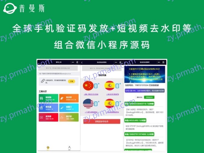 全球手机验证码发放+短视频去水印等组合微信小程序源码