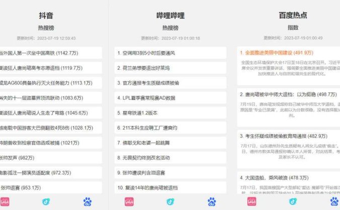 最新抖音、百度、哔哩哔哩热搜热榜单页HTML源码
