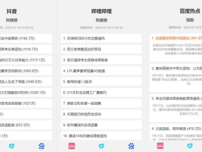 最新抖音、百度、哔哩哔哩热搜热榜单页HTML源码